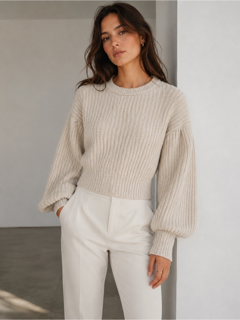 ZARA Beige Chunky Knit Sweater with Balloon Sleeves Size XL